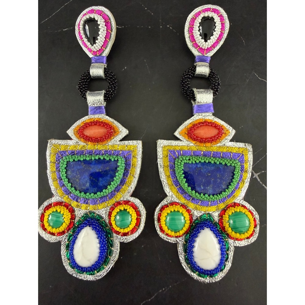Handcrafted Ayala Bar Style Beaded Gemstone Statement Earrings 4.75in X 1.75in